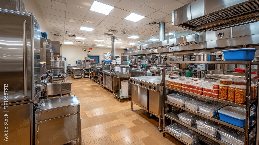 Spacious commercial kitchen showcasing stainless steel equipment and organized storage, ideal for culinary operations and cuisine preparation. Spacious commercial kitchen showcasing stainless steel equipment and organized storage, ideal for culinary operations and cuisine preparation.