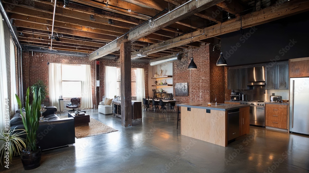 Spacious industrial loft featuring exposed brick, wooden beams, and modern kitchen, perfect for contemporary living.