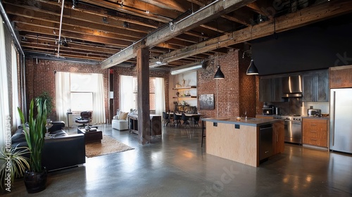 Spacious industrial loft featuring exposed brick, wooden beams, and modern kitchen, perfect for contemporary living.