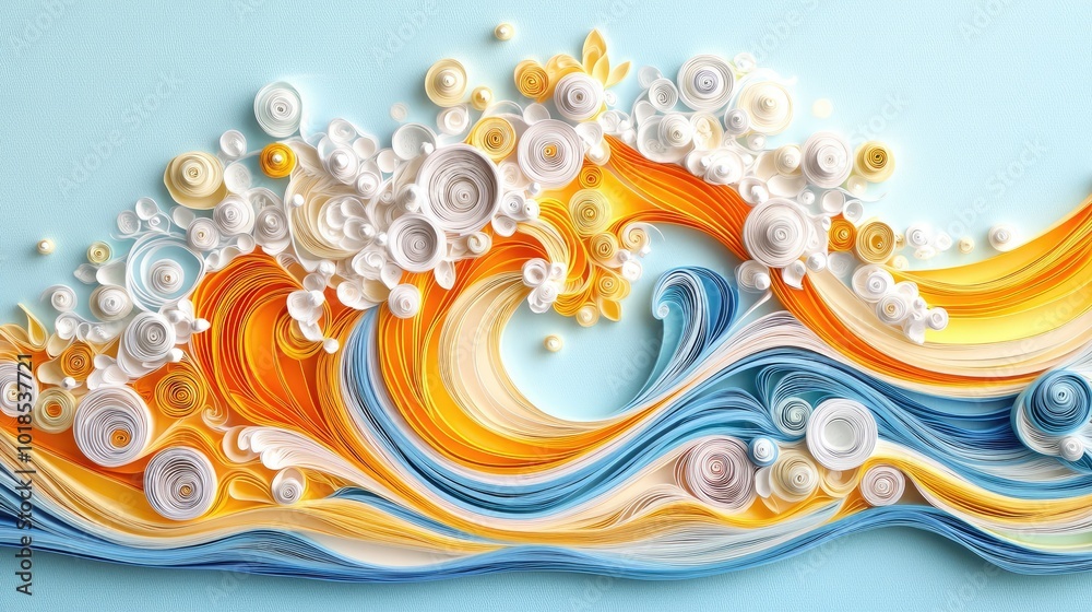 Naklejka premium Bright paper quilling in orange, yellow, and white forming a wave pattern on a pastel blue background, showcasing intricate craftsmanship.