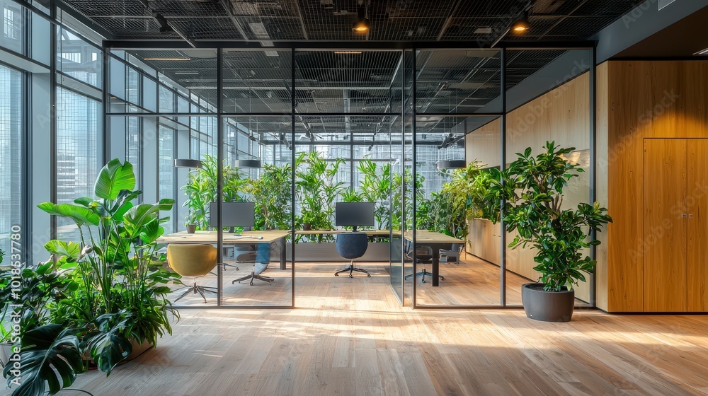 Modern Office Interior Design with Glass Walls and Plants Modern Office Interior Design with Glass Walls and Plants