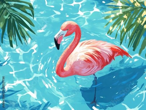 of a retro style flamingo floating in a vibrant colorful tropical pool perfect for sticker packs calendar prints or other summer and vacation themed designs photo