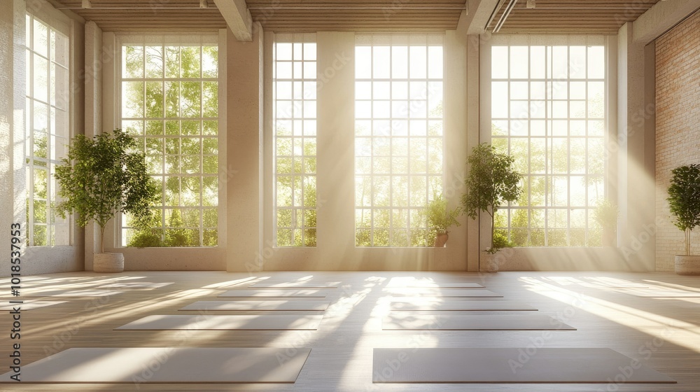 Bright yoga studio with large windows, sunlight streaming in and casting gentle shadows on the mats