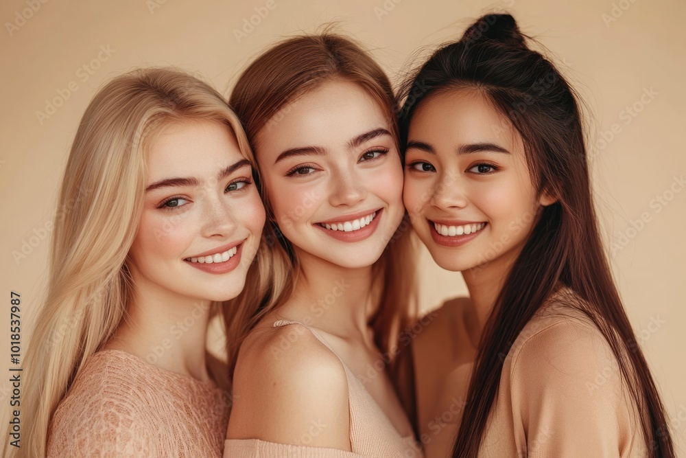 A group of young women from different ethnicities shares bright smiles, symbolizing the strength of friendship and the beauty of diversity. A group of young women from different ethnicities shares bright smiles, symbolizing the strength of friendship and the beauty of diversity.