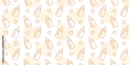 Seamless pattern with baby bottles for milk and food. Child nutrition, drink for infants and newborn kids. Cute vector outline background with beige hearts