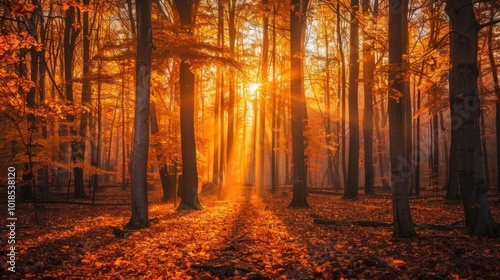 Golden Autumn Forest with Sunlight Beams