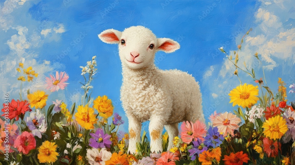Fototapeta premium A sweet little lamb standing amidst a sea of colorful flowers, with a bright blue sky overhead, ideal for spring and nature themes.