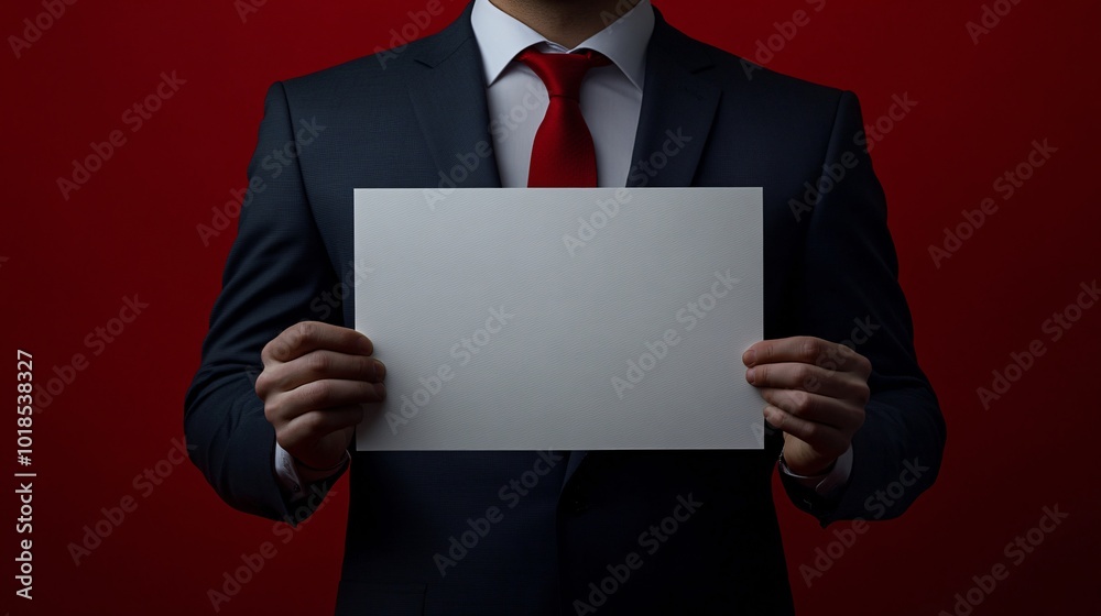Isolated on Red color background with side space for letters Young professional in a holiday tie holding an empty sign for festive greetings Stock Photo with copy space Isolated on Red color background with side space for letters Young professional in a holiday tie holding an empty sign for festive greetings Stock Photo with copy space