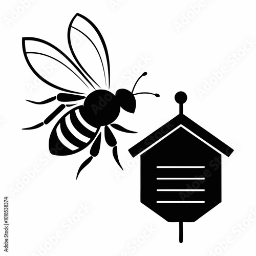 A bee flying toward a hive silhouette vector illustration on white background