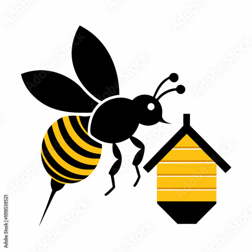 A bee flying toward a hive silhouette vector illustration on white background