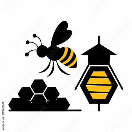 A bee flying toward a hive silhouette vector illustration on white background