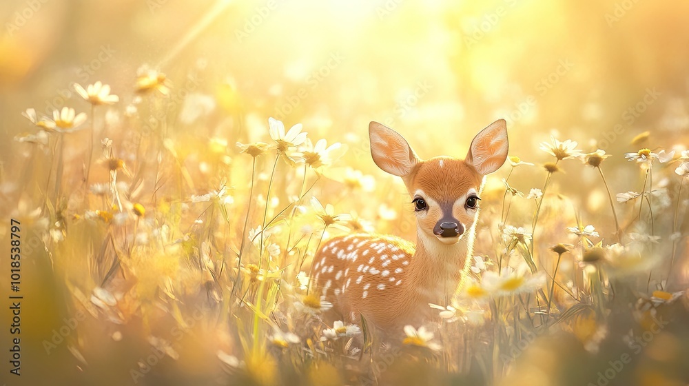 Fototapeta premium A tiny fawn hiding among tall flowers in a sunlit field, with soft golden light creating a dreamy, whimsical scene.