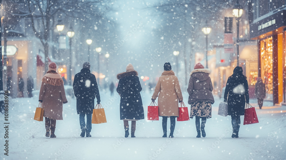 Obraz premium Back view of group people come from shopping on a snowy street