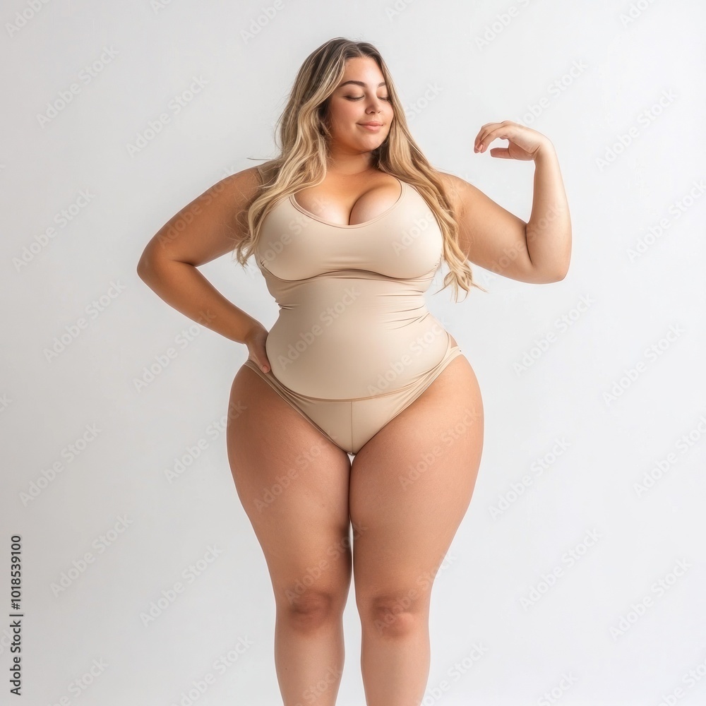 Fototapeta premium Satisfied model in nude suit, arm raised happily