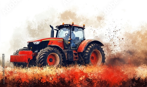 A vibrant watercolor illustration of a tractor working in an abstract agricultural field, capturing the essence of harvesting and modern farming techniques. This AI-generated wallpaper serves as an en