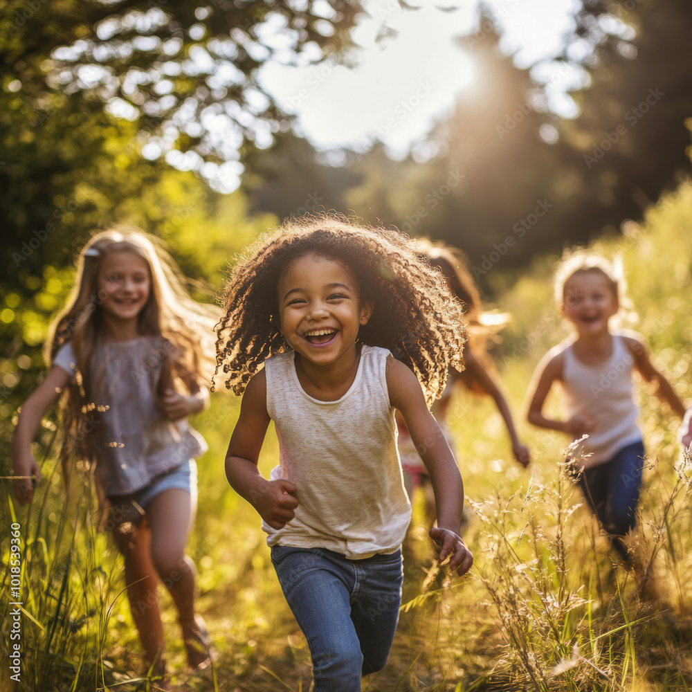 Fototapeta premium Kids Running through Meadow: A group of diverse children run through a sun-drenched meadow, their laughter echoing through the air. The image captures the joy of childhood and the beauty of nature. 