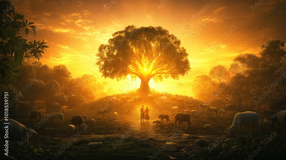 Obraz premium Garden of Eden at dawn lush and vibrant with Adam and Eve walking among the animals