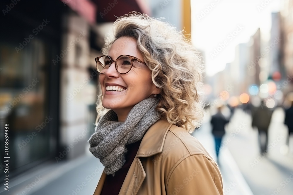 Portrait of a smiling woman with eyeglasses walking in the city Portrait of a smiling woman with eyeglasses walking in the city