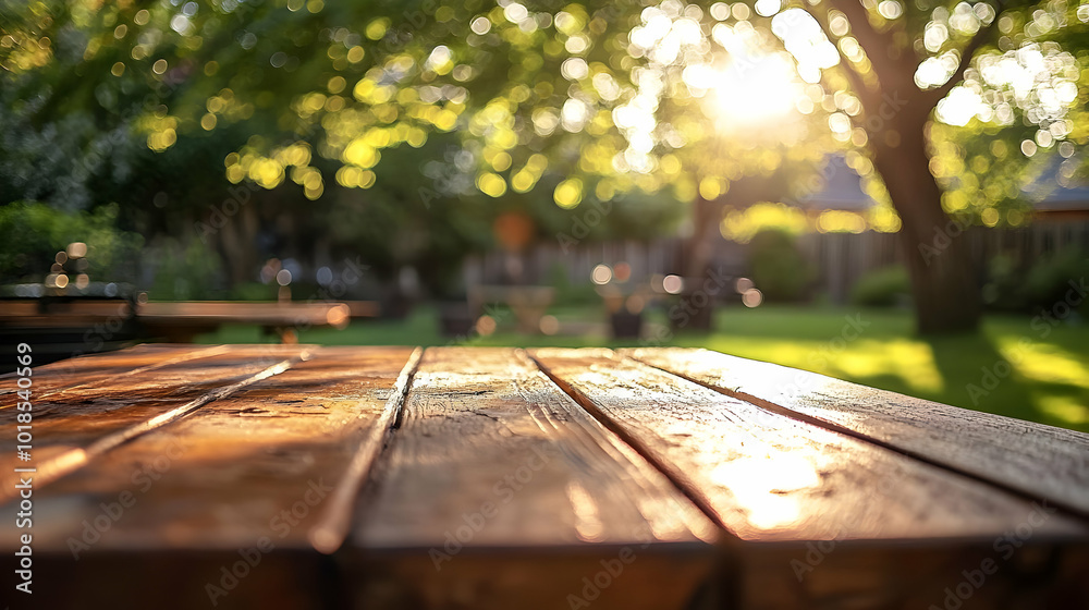 Empty Wooden Table in a Backyard with Green Grass During Sunset. Empty Wooden Table in a Backyard with Green Grass During Sunset.