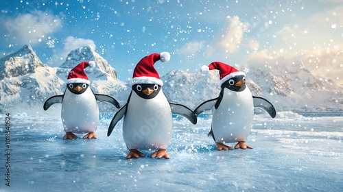 Three playful penguins wearing Santa hats in a snowy landscape, bringing festive cheer and holiday spirit to the icy environment.