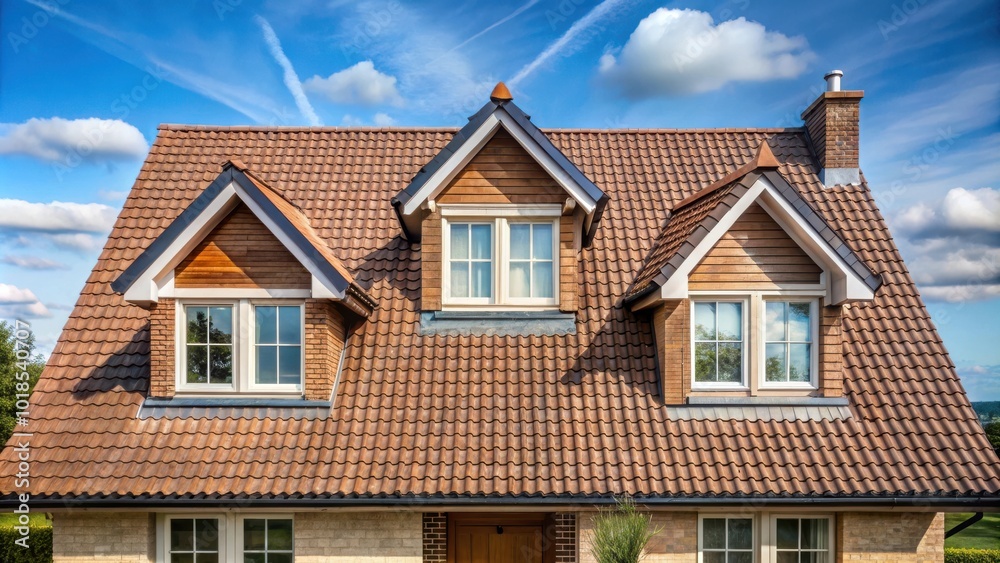 A brown tiled roof with three dormer windows and a chimney against a bright blue sky with fluffy white clouds A brown tiled roof with three dormer windows and a chimney against a bright blue sky with fluffy white clouds