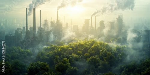 A densely built metropolis with smoking chimneys in the background, where trees and green plants have sprouted in one section of the city streets, symbolizing attempts to tame industrialization. 