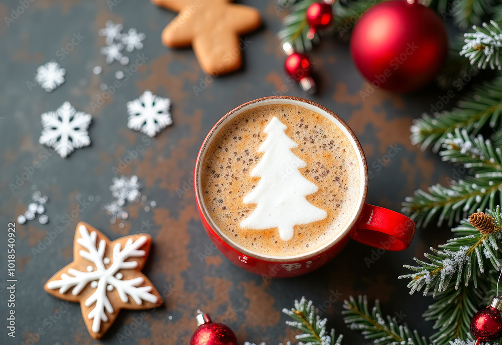 Christmas background, gingerbread cookies coffee cup spruce branches snow balls, top view Christmas background, gingerbread cookies coffee cup spruce branches snow balls, top view