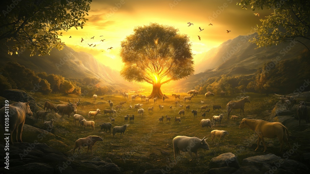 Obraz premium The Garden of Eden at dawn lush and vibrant among the animals