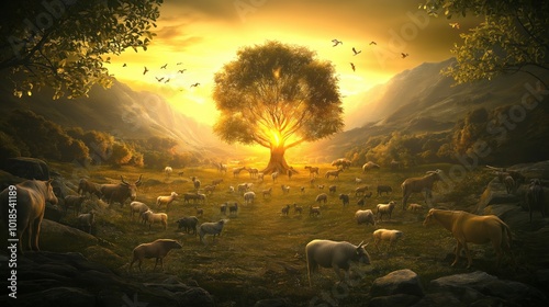 The Garden of Eden at dawn lush and vibrant among the animals photo