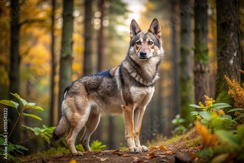 The Saarloos Wolfdog's tawny coat is expertly camouflaged in the forest, its brown and black hues blending seamlessly with the surrounding foliage. photo