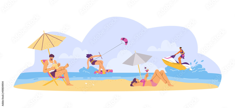 Fototapeta premium Vector illustration of people relaxing on the beach: sailing on a jet ski, kiteboard, reading