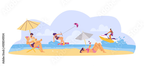 Vector illustration of people relaxing on the beach: sailing on a jet ski, kiteboard, reading