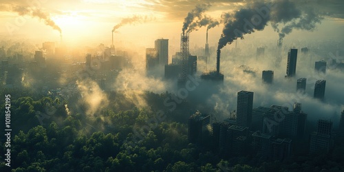 A densely built metropolis with smoking chimneys in the background, where trees and green plants have sprouted in one section of the city streets, symbolizing attempts to tame industrialization. 