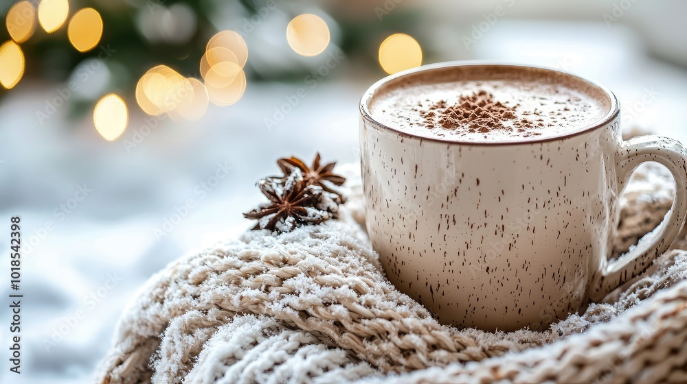 Warm mug of frothy coffee surrounded by soft knit and festive lights, perfect for cozy winter moments and holiday gatherings. Warm mug of frothy coffee surrounded by soft knit and festive lights, perfect for cozy winter moments and holiday gatherings.