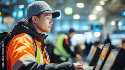 Young Worker in Safety Gear Engaging with Technology