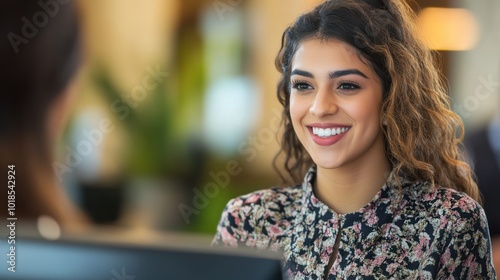 Smiling Woman Engaging in Friendly Conversation