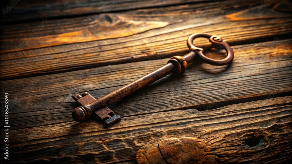 An Antique Skeleton Key Resting on a Weathered Wooden Surface An Antique Skeleton Key Resting on a Weathered Wooden Surface