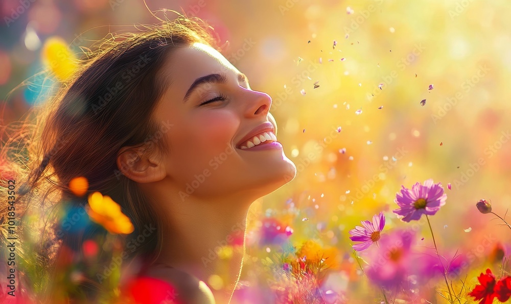 Smiling woman with flowers and sunshine. Smiling woman with flowers and sunshine.
