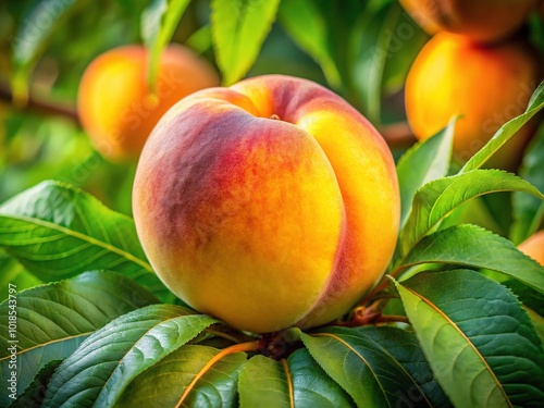 Vibrant orange-yellow fruit with soft, fuzzy outer skin rests amidst lush green leaves and branches against a warm earthy tone backdrop. photo