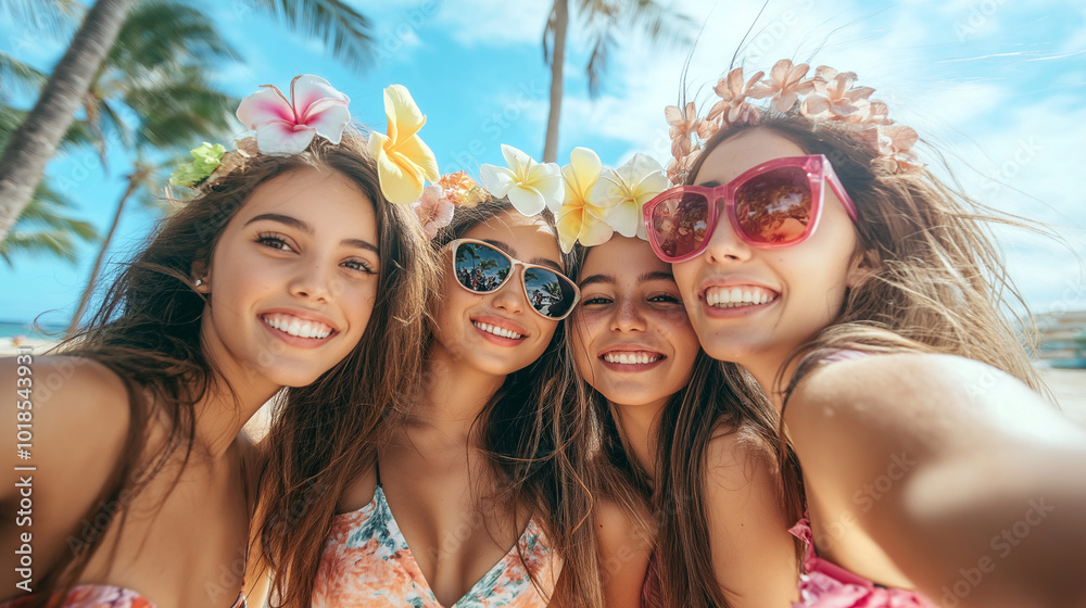 Young women enjoying a sunny beach day, wearing colorful swimsuits and floral accessories, capturing fond memories in a tropical paradise Young women enjoying a sunny beach day, wearing colorful swimsuits and floral accessories, capturing fond memories in a tropical paradise