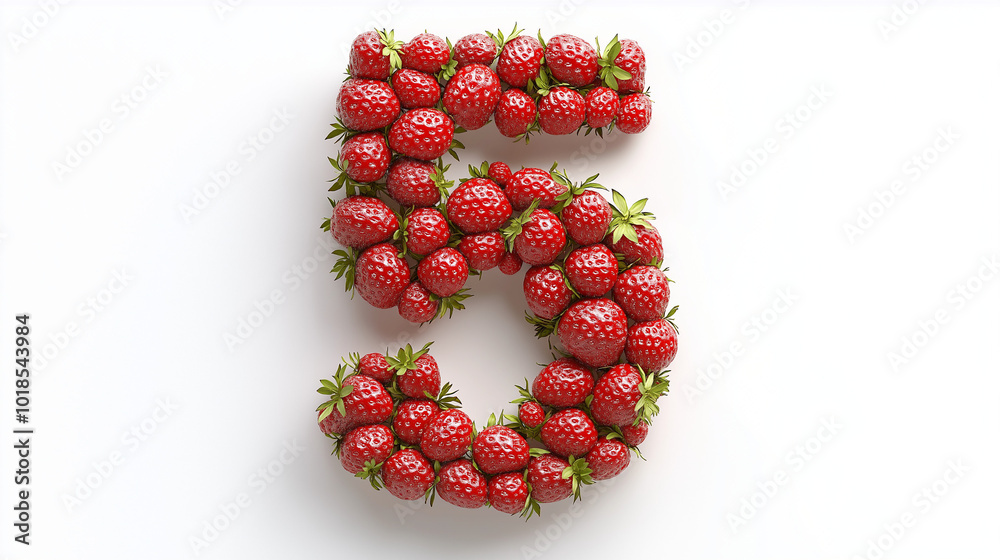 Fresh strawberries arranged to form the number five on a clean white background, showcasing vibrant red color and green tops Fresh strawberries arranged to form the number five on a clean white background, showcasing vibrant red color and green tops