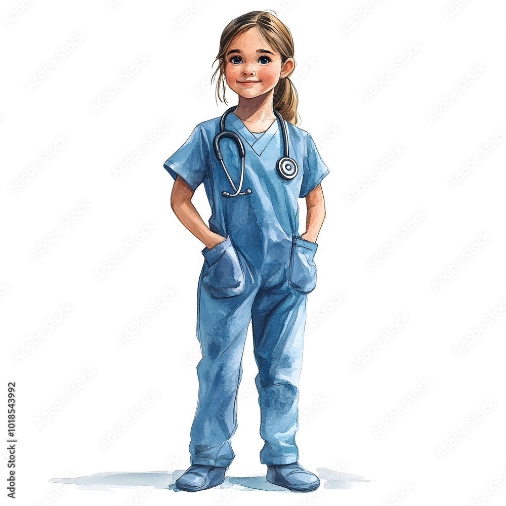 Cartoon of Smiling Pediatric Nurse in Medical Attire on White Background Cartoon of Smiling Pediatric Nurse in Medical Attire on White Background