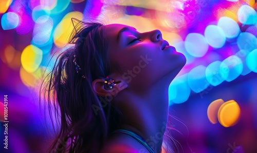 A woman's face bathed in colorful lights.