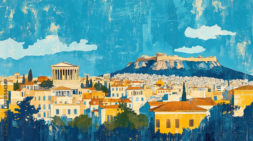 Obraz premium Athens, Greece, color wood block print effect. Woodblock printing. Graphic designed, illustration for travel poster, card, wallpaper, backdrop or banner. Modern, clear, artistic and simple