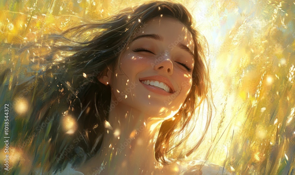 Obraz premium Smiling woman surrounded by golden light.