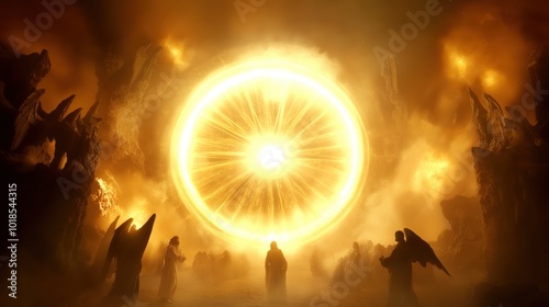 Vision of Ezekiel's wheel within a wheel glowing with celestial light surrounded by angelic figures and mysterious