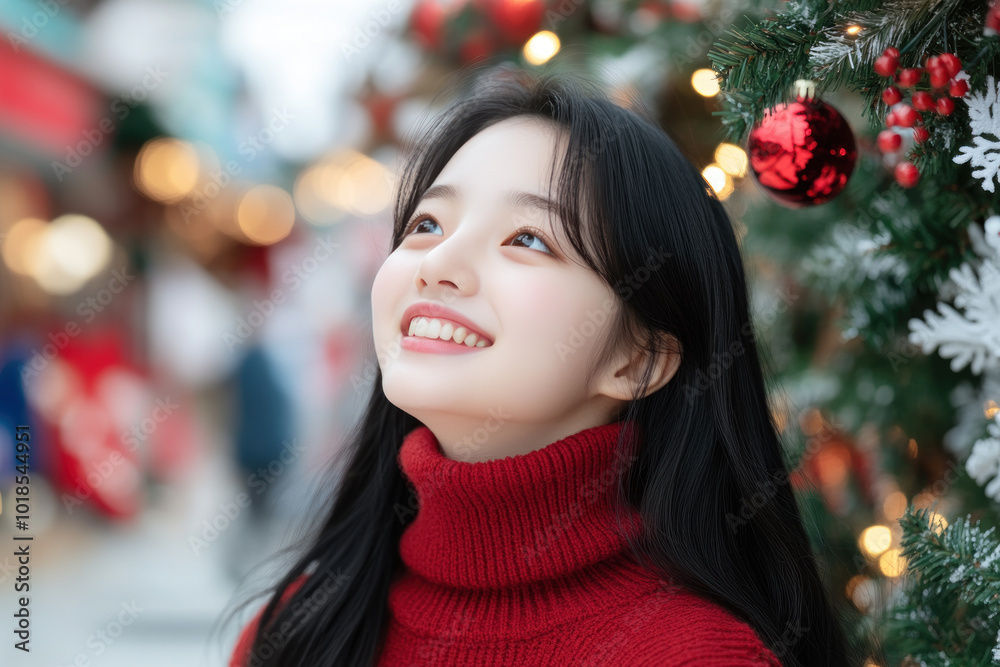 Korean girl wearing red knit sweater with copy space for christmas background