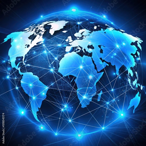 Abstract global network concept with a blue glowing world map, data transfer and cyber technology background digital connections across the globe in abstract