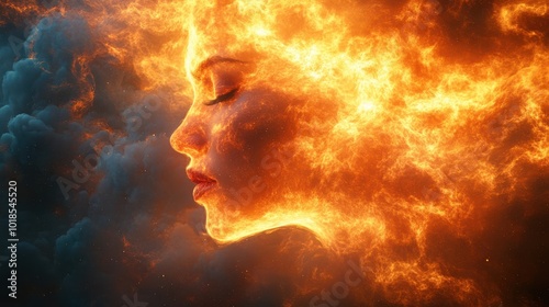 Fiery Portrait A Woman's Profile Emerging from a Blazing Sky of Smoke and Stars