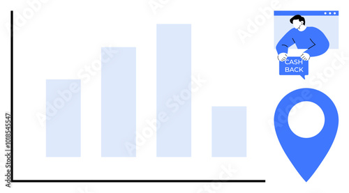 Bar graph with blue bars, a person holding a cashback sign on the screen, and a location marker. Ideal for data analysis, business, finance, marketing, and location-based services. Simple flat design